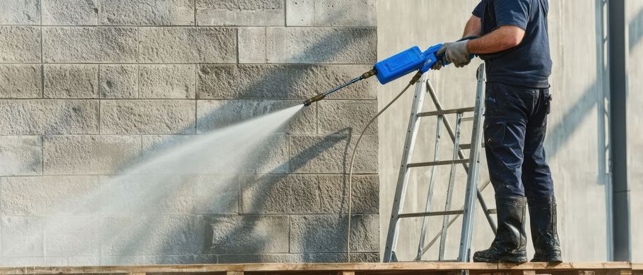 A man is cleaning a brick wall with a high pressure washer.
