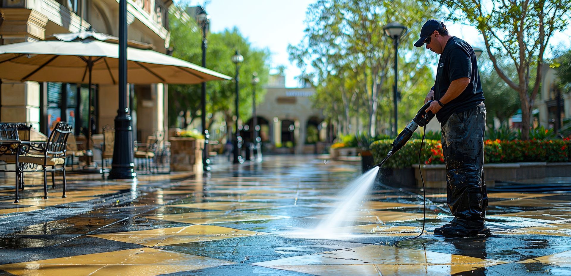 A man is using a high pressure washer to clean a sidewalk.