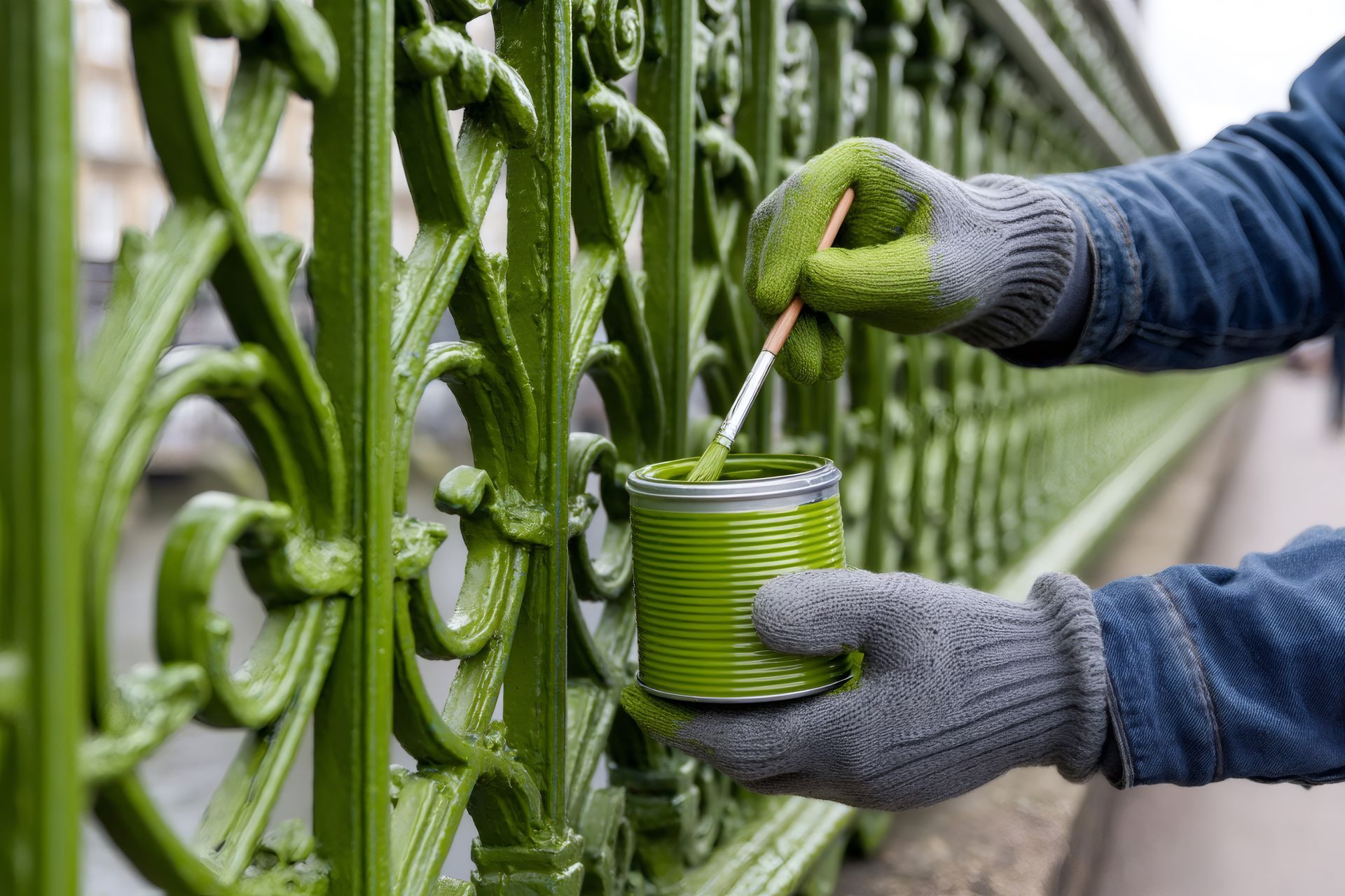 A person is painting a fence with green paint.