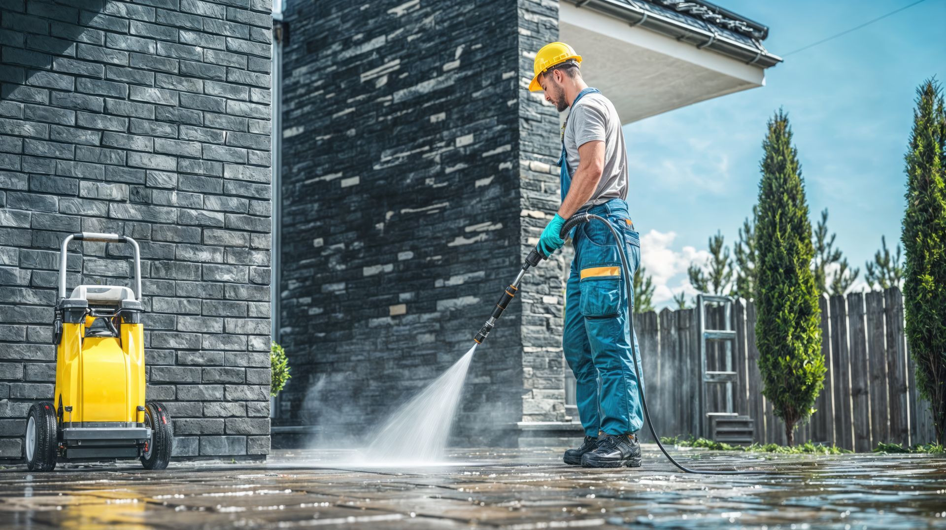 A man is using a high pressure washer to clean the sidewalk in front of a brick building.