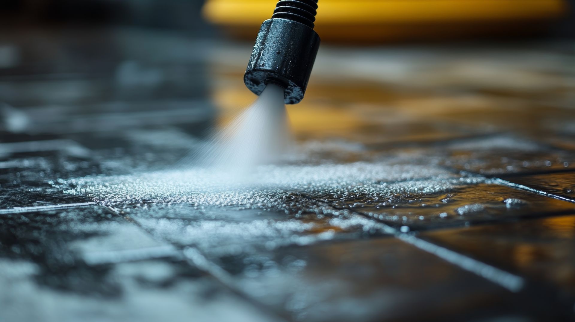 A man is cleaning a brick driveway with a broom.