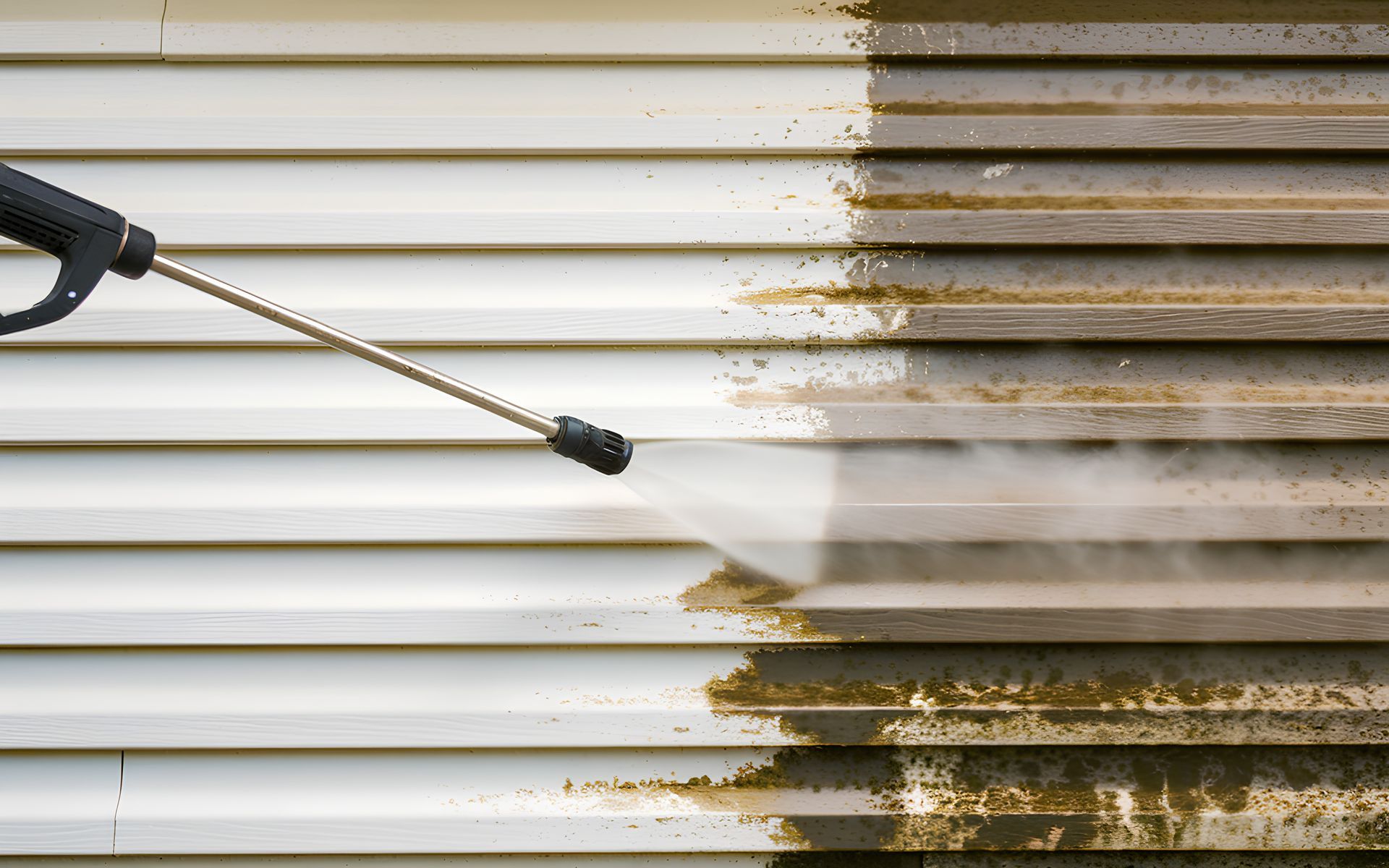 A person is cleaning a siding with a high pressure washer.