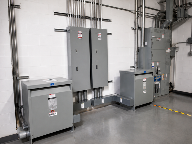 Industrial electrical room with gray control cabinets, conduit, and equipment along a concrete wall.