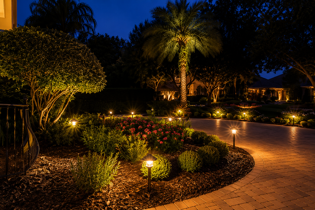 Illuminated garden path with palm trees, flowerbeds, and warm landscape lights at dusk