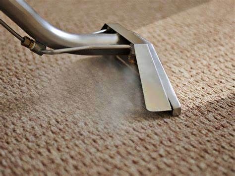 A metal carpet cleaning wand sprays steam onto a textured, light brown carpet, showing a clean path.
