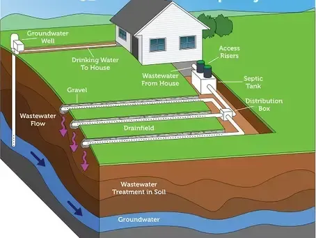 Diagram of a septic system with house, pipes, drainfield, gravel, wastewater flow, and groundwater layers