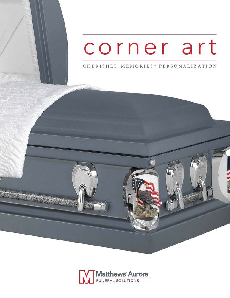 Gray casket with American flag corner art, white interior.