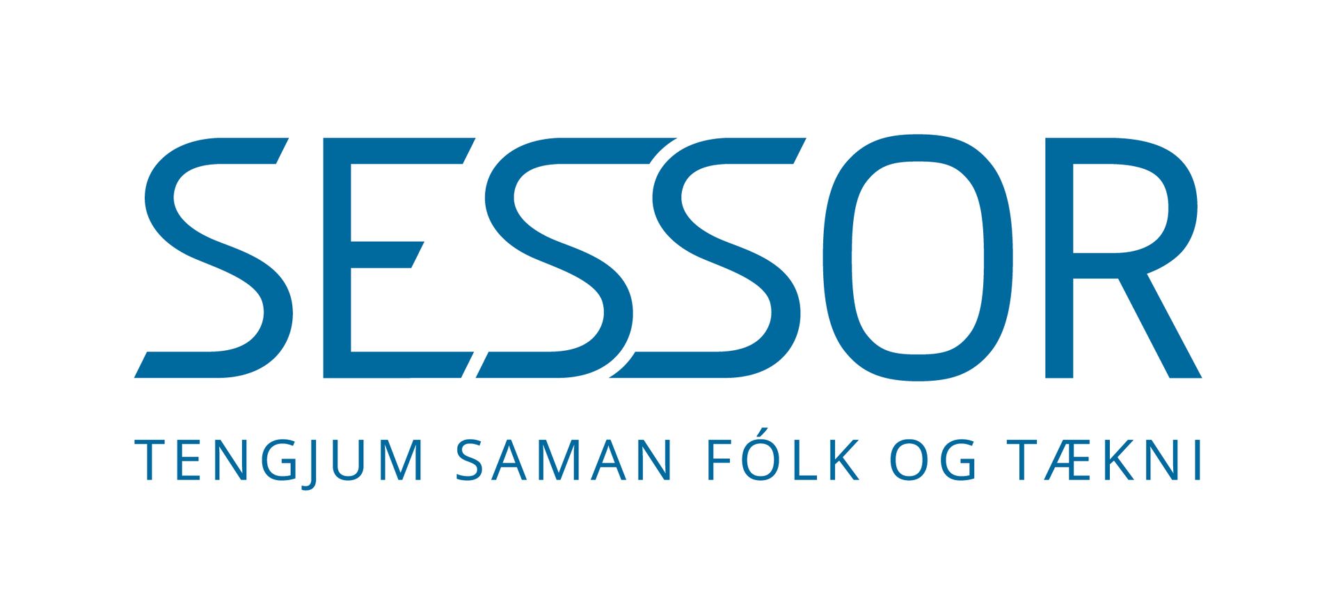 A blue and white logo for sessor tengjum saman folk og tekni