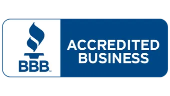 BBB Accredited Business logo: blue and white rectangle with a torch symbol and text.