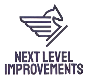 Logo of Next Level Improvements: winged horse above text.