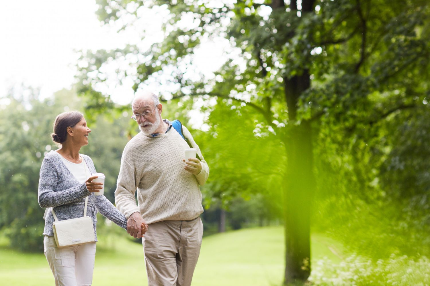 An elderly couple walks hand-in-hand in a park, smiling. The man carries a tote bag.