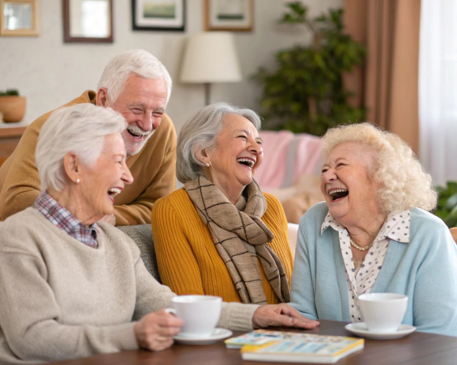 Group of senior friends laughing together, enjoying each other's company indoors.
