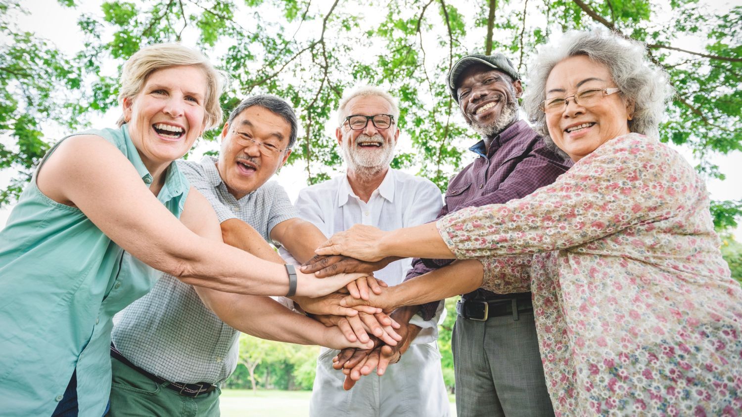 Group of smiling seniors joining hands outdoors in a park.