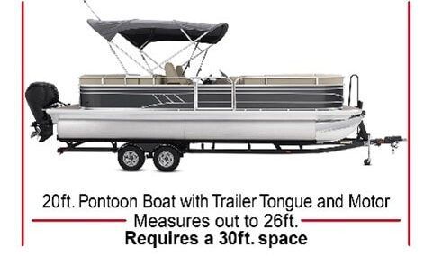 A pontoon boat with trailer tongue and motor measures out to 26 ft . requires a 30 ft . space.