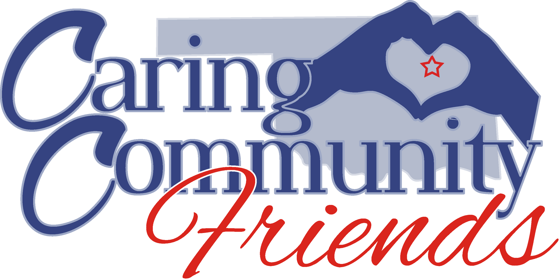 The words "Caring Community" in blue text above "Friends" in red script, with hands forming a heart and a red star inside.