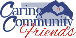 The words "Caring Community" in blue text above "Friends" in red script, with hands forming a heart and a red star inside.