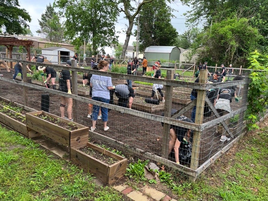 A group of people wearing matching shirts work in a fenced community garden on a sunny day.