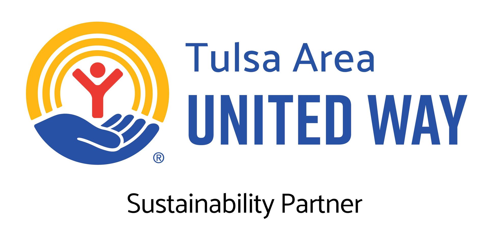 Tulsa Area United Way logo with a red human figure, yellow arches, and a blue hand, labeled "Sustainability Partner."
