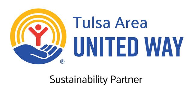 Tulsa Area United Way logo with a red human figure, yellow arches, and a blue hand, labeled "Sustainability Partner."