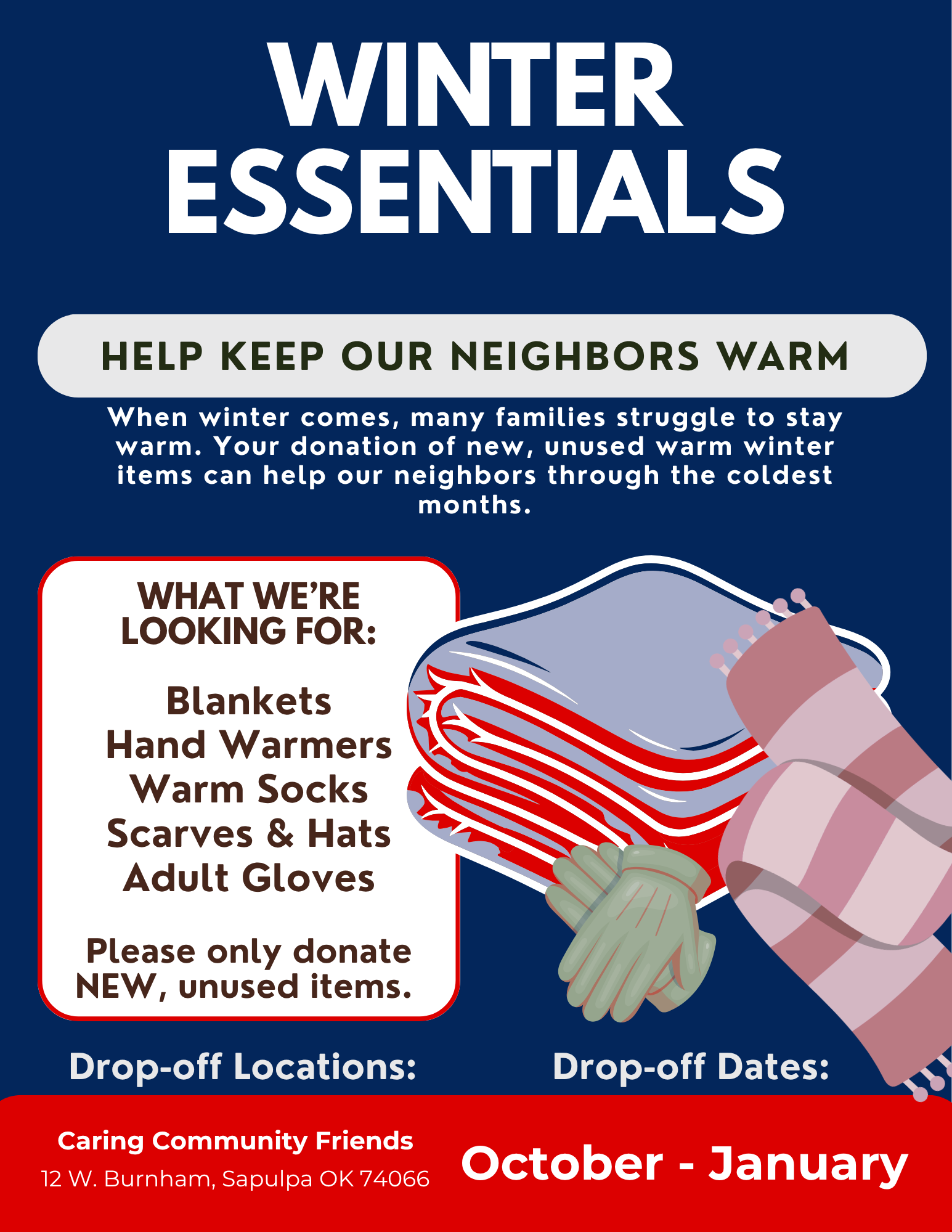 A flyer for a winter donation drive, listing requested items like blankets and hats for October through January in Sapulpa.