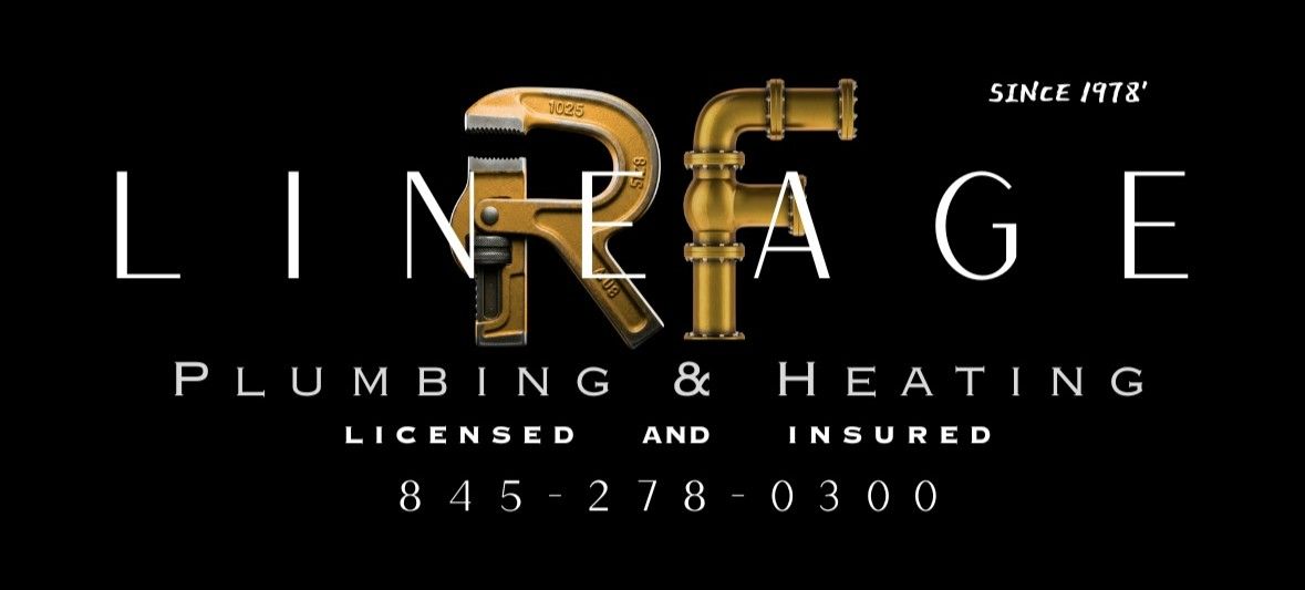 Logo for Lineage Plumbing & Heating; a gold plumbing fixture is used as part of the brand's name with black background.