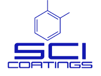 A blue and white logo for sci coatings with a chemical structure.
