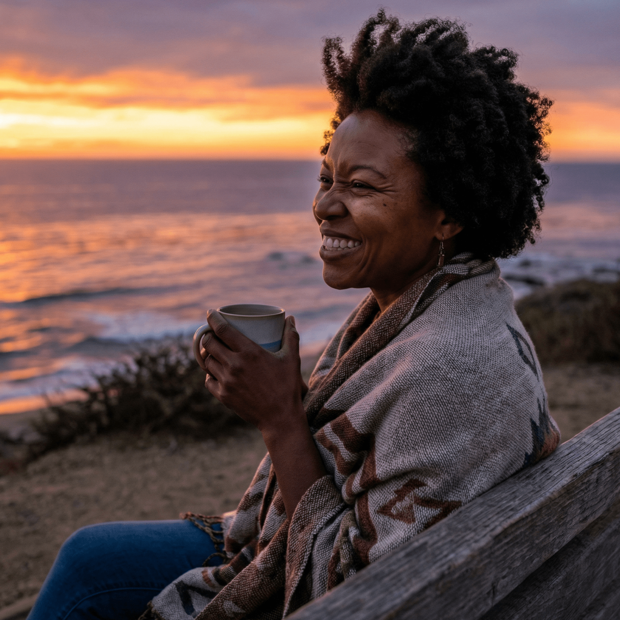 Woman smiling, wrapped in a blanket, holding a mug, watching sunset over the ocean.