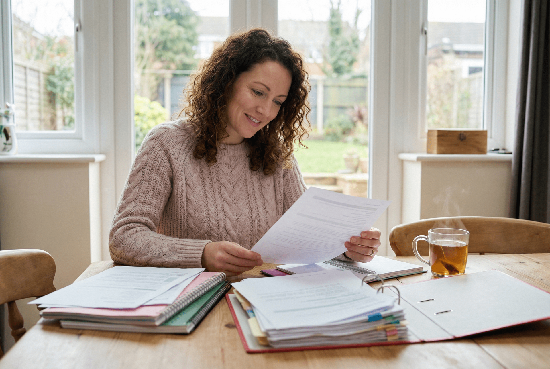 Woman smiling while reviewing papers at a wooden table, with tea and documents.