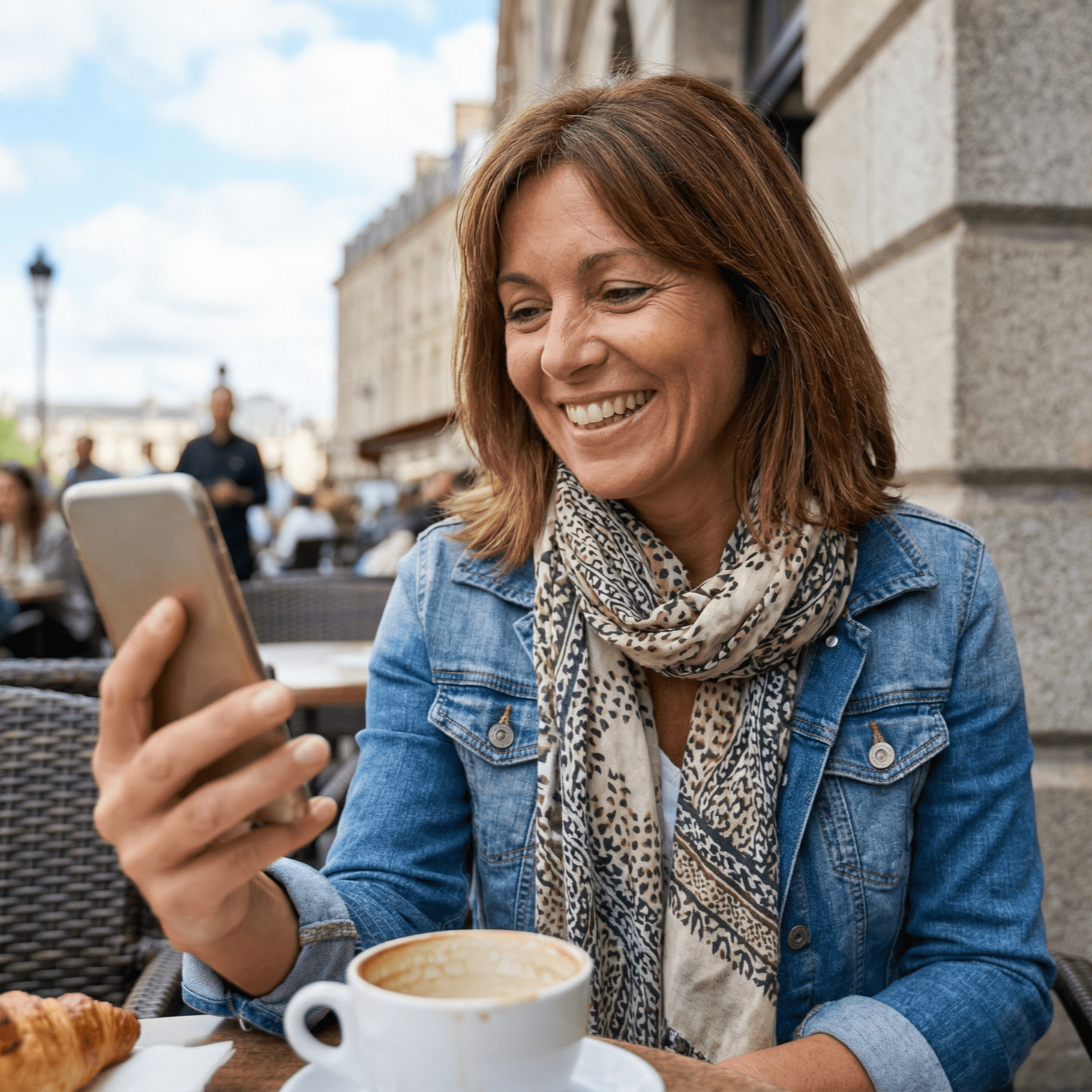 Woman smiles while looking at phone; outdoors at cafe with coffee and croissant.