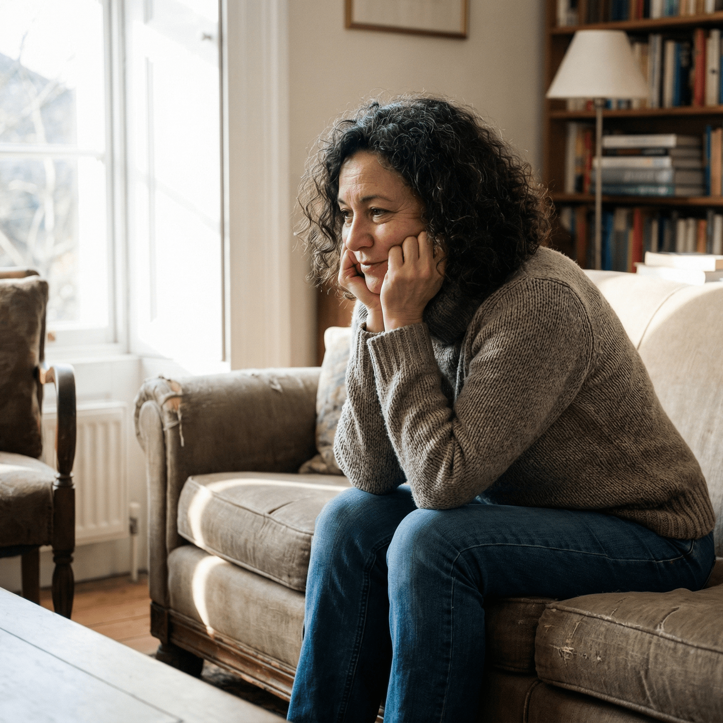 Woman sitting on sofa, resting chin on hands, looking thoughtful; living room setting.