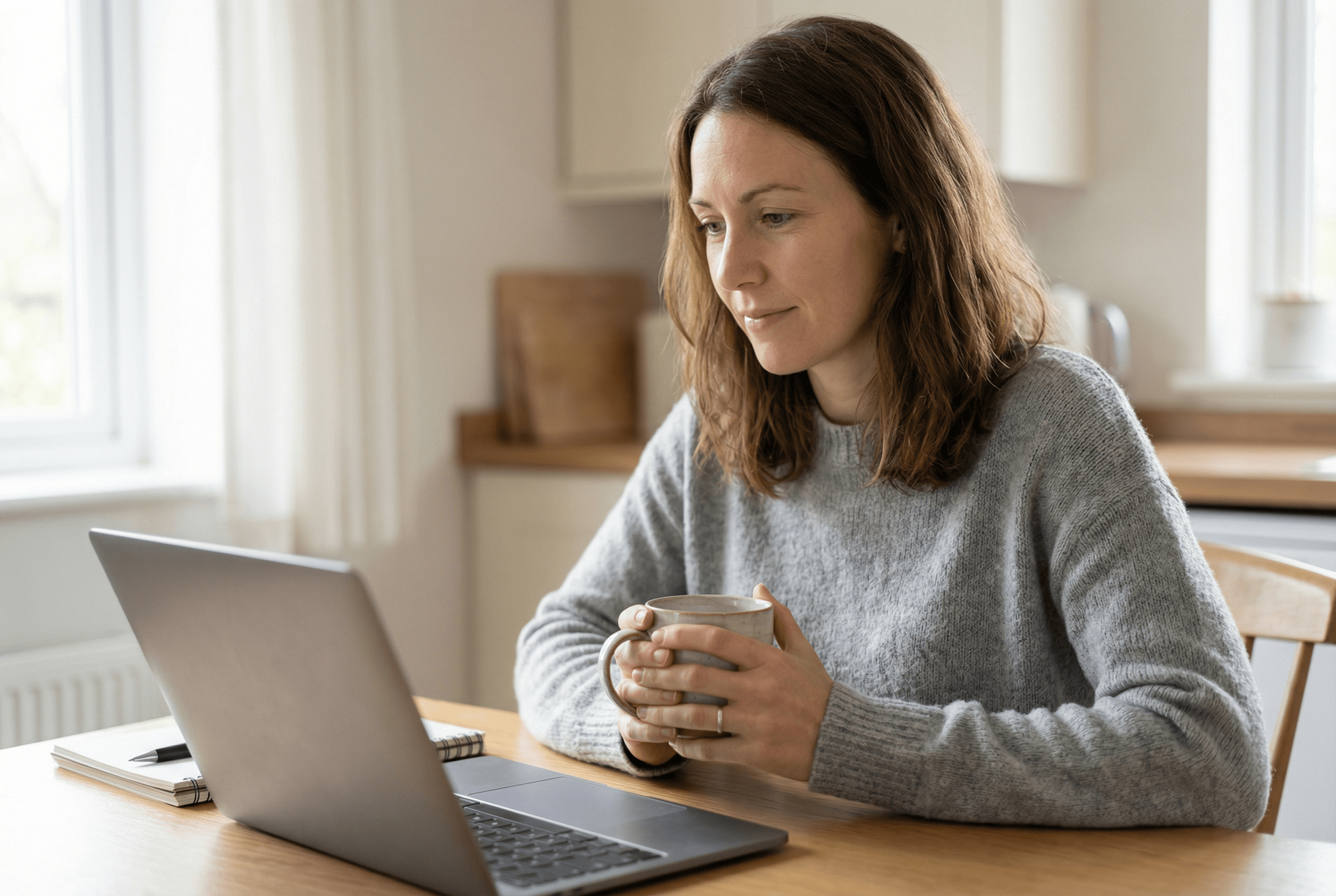 Woman in grey sweater looks at laptop, holding a mug in a kitchen setting.