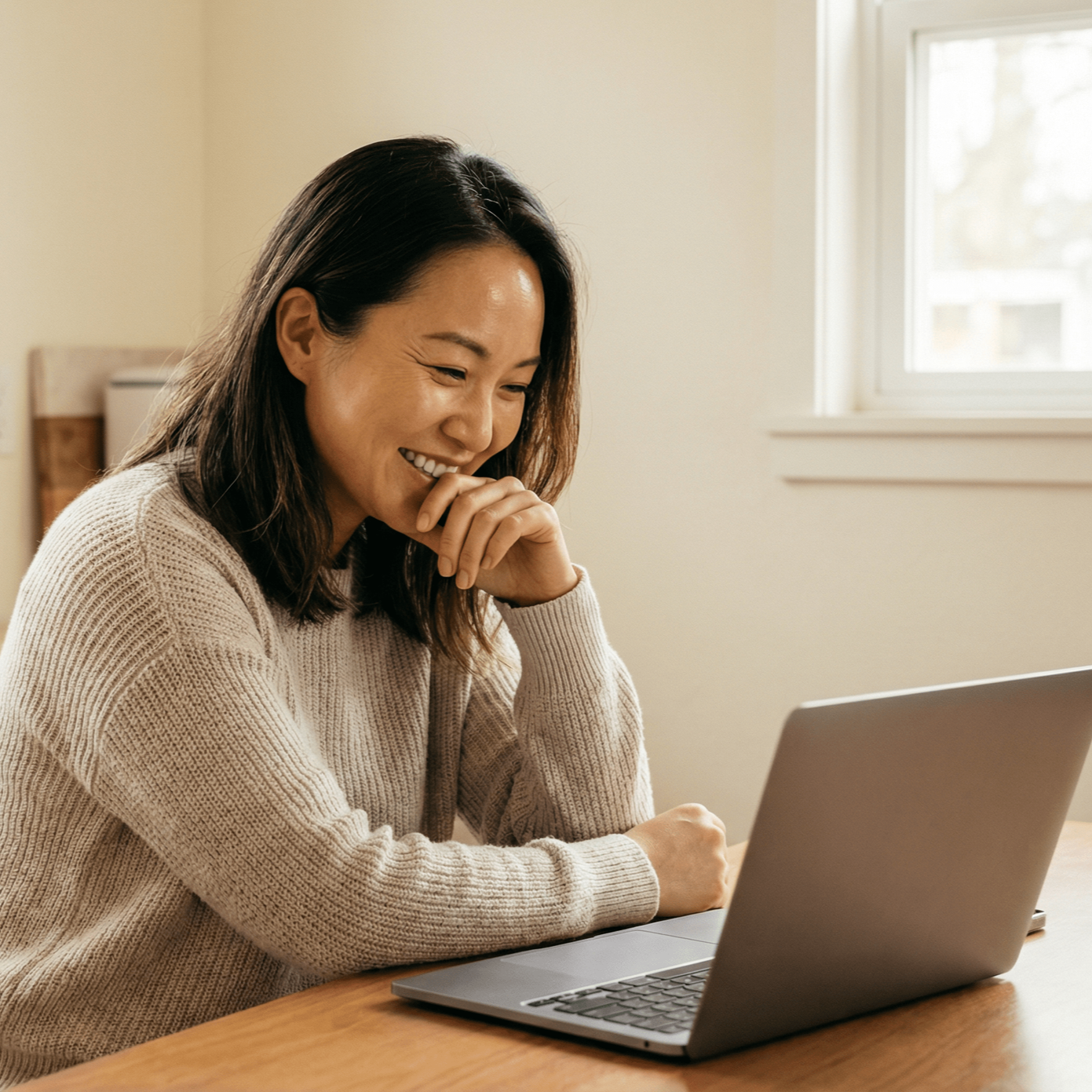 Woman with glasses smiles; sitting in a cozy room, bookshelf and abstract art visible in the background.