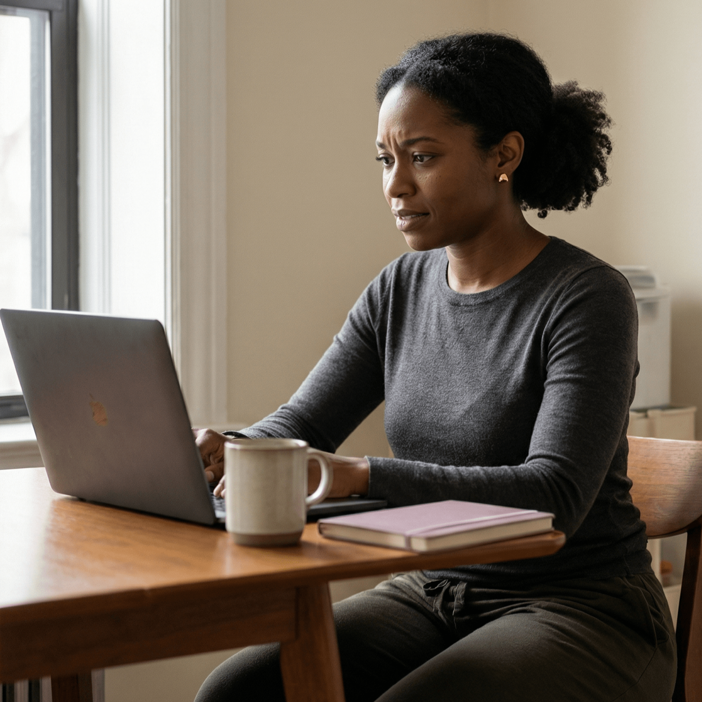 Woman at wooden table, working on laptop, with mug and notebook. Concerned expression.