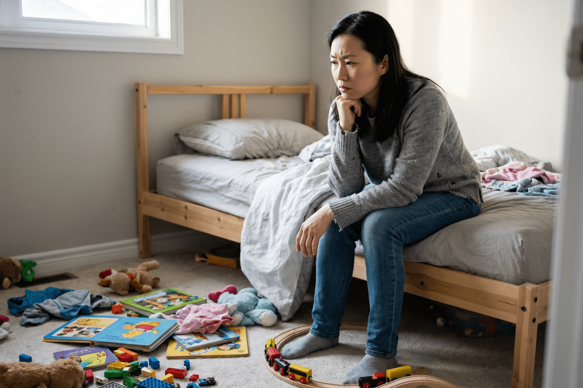 Woman sits on a bed, looking distressed, in a messy child's bedroom with toys scattered everywhere.