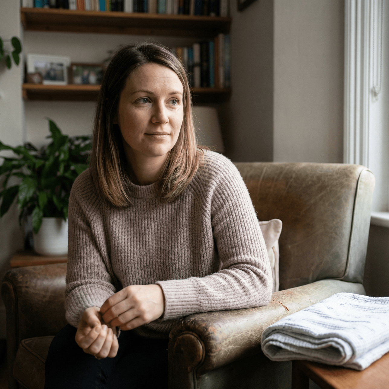 Woman sitting in a leather armchair indoors, looking thoughtful; a light gray sweater, plants, and a window.