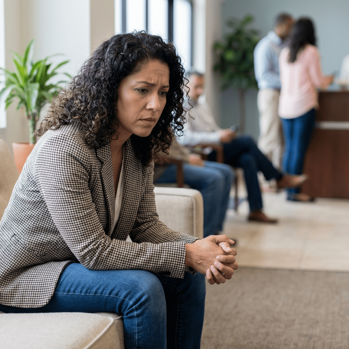 Woman with worried expression sits in waiting room.