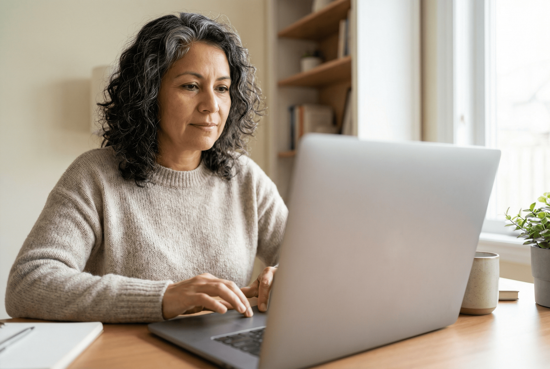 Woman with curly hair works on laptop at a wooden desk near a window, lit by natural light.