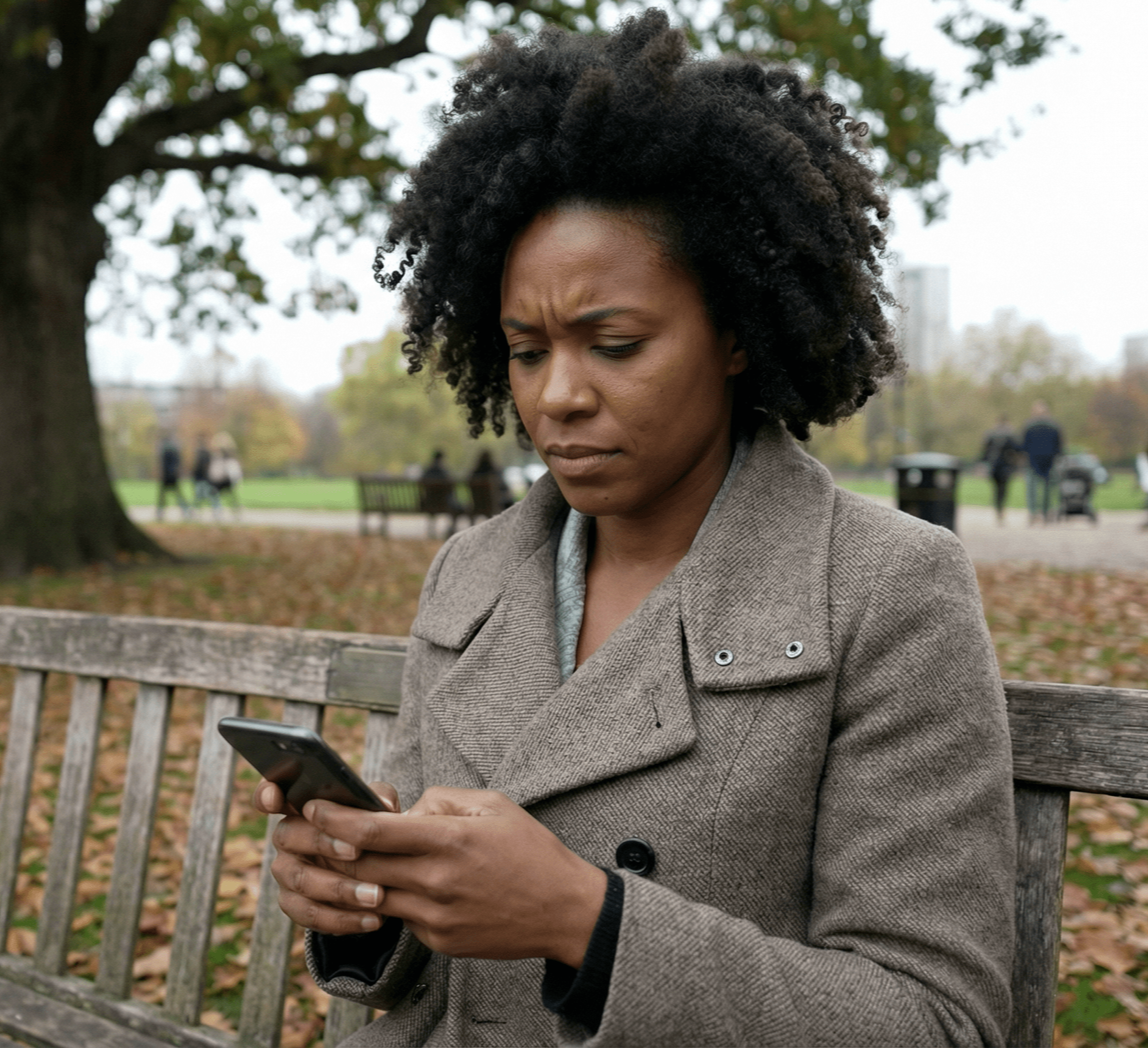 Woman with curly hair looks at her phone with a concerned expression while seated on a park bench.