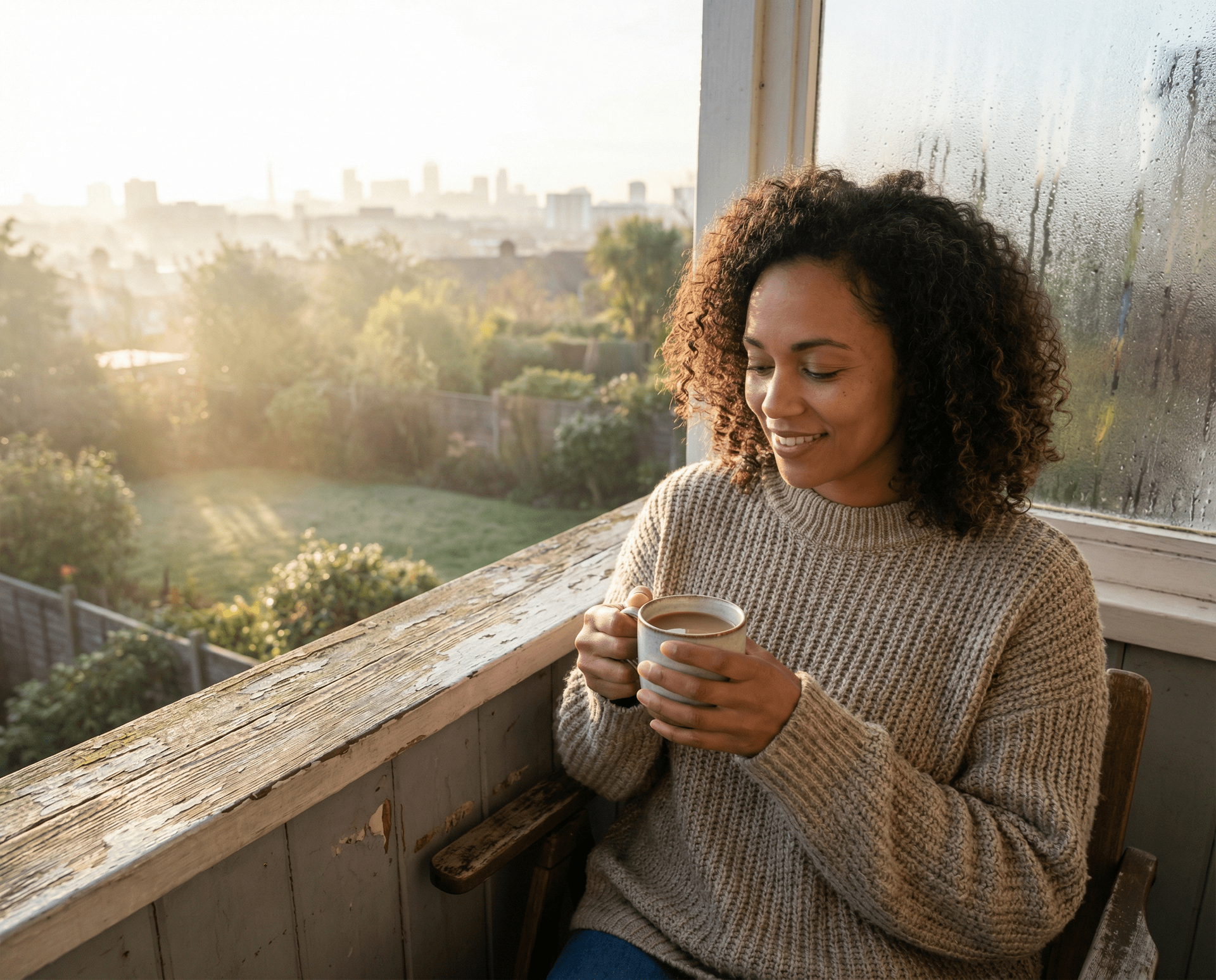 Woman on balcony, smiling, holding a mug, enjoying morning sunlight and cityscape view.