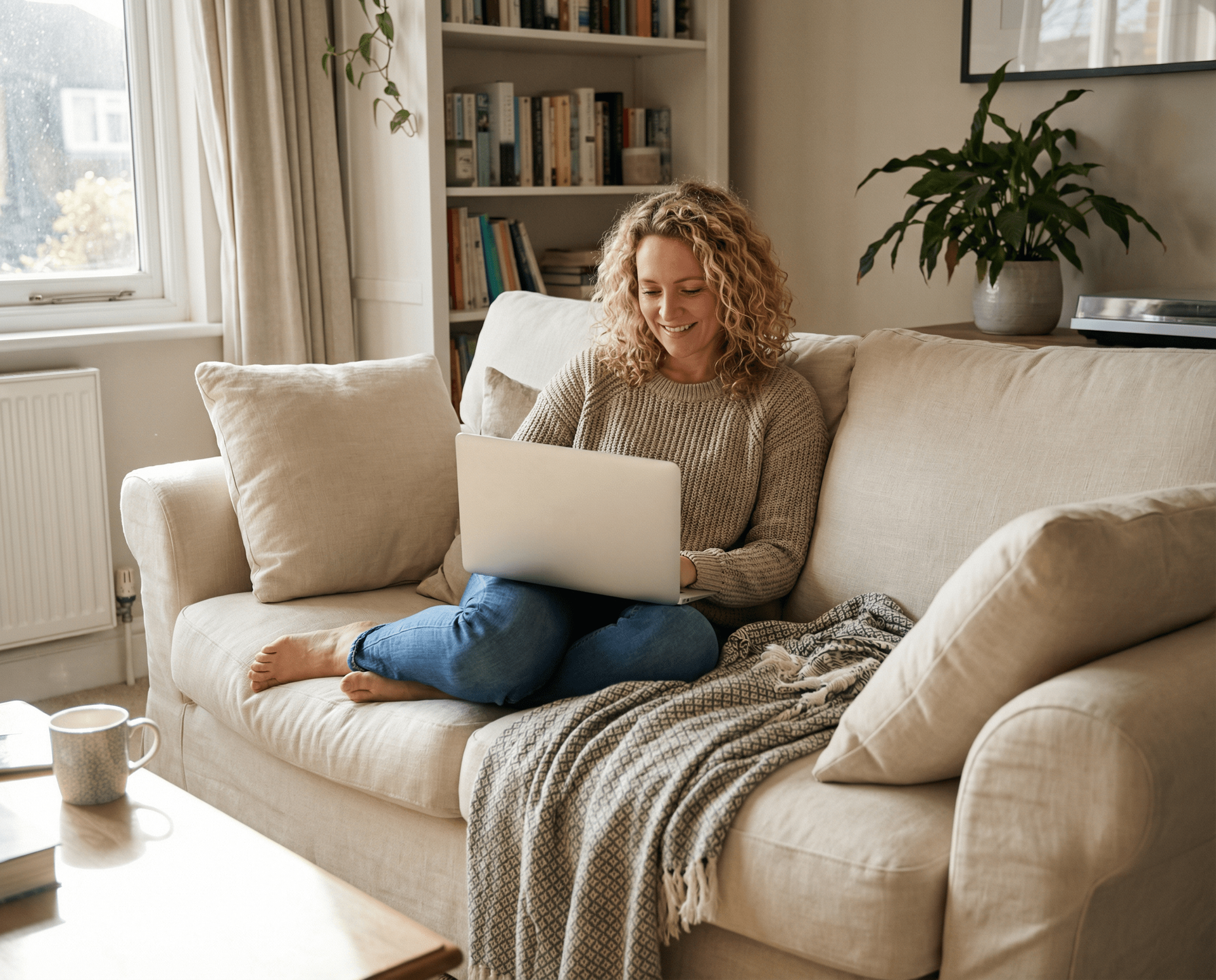 Woman smiling, using laptop on couch in living room.