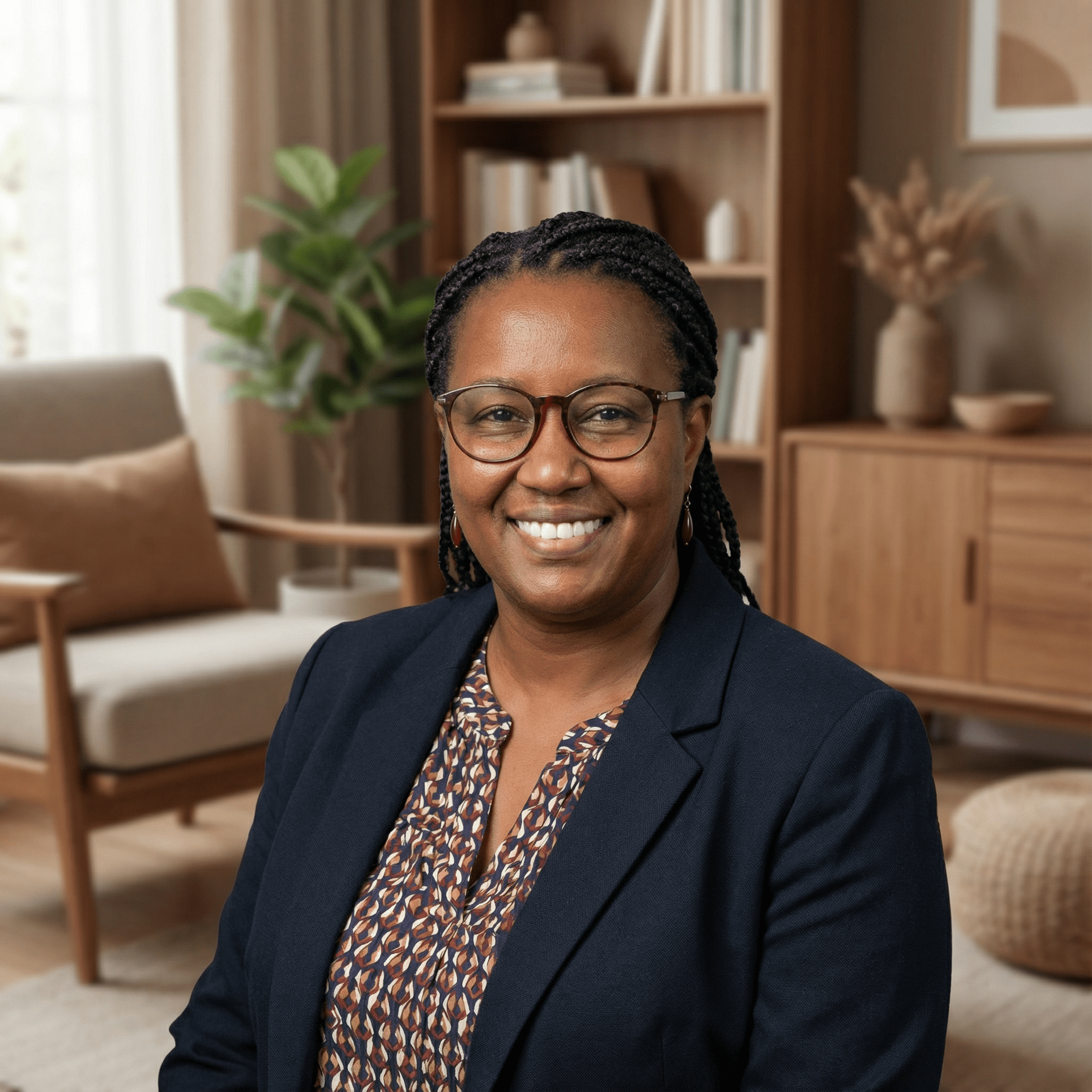 Woman wearing glasses smiling, in a blazer, indoors in front of bookshelves and furniture.