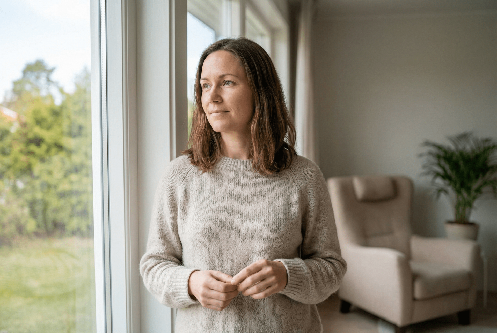 Woman standing by a window, looking outside. Wearing a beige sweater, in a room with a chair and plant.