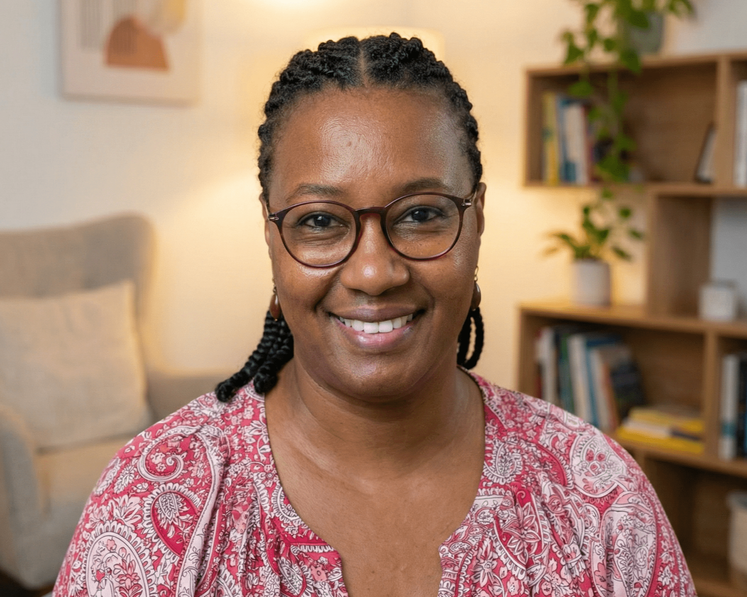Woman smiling, looking at laptop on wooden table near window.