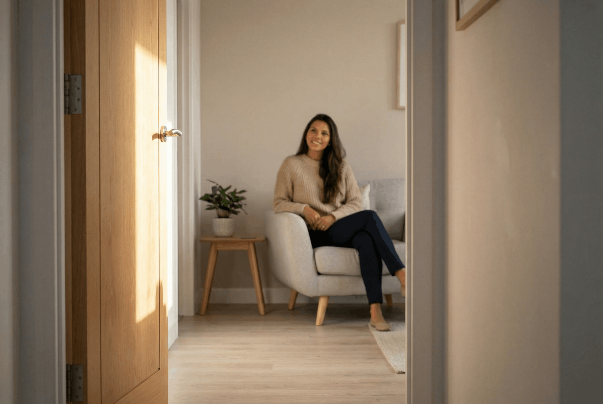 Woman sitting on a couch in a bright living room, smiling at the camera.