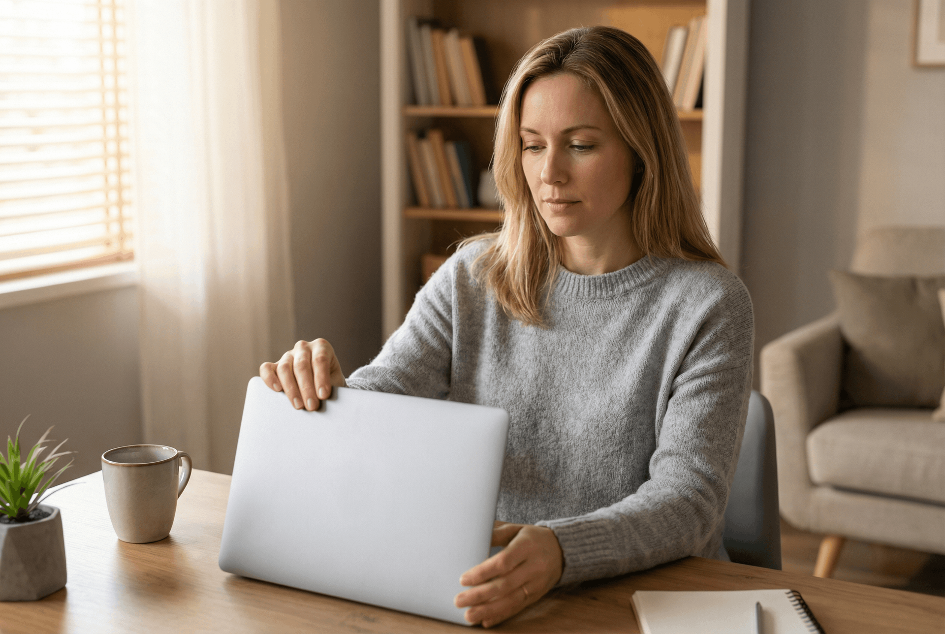 Woman in gray sweater opening a laptop on a desk; a cup, plant, and bookshelf in the background.