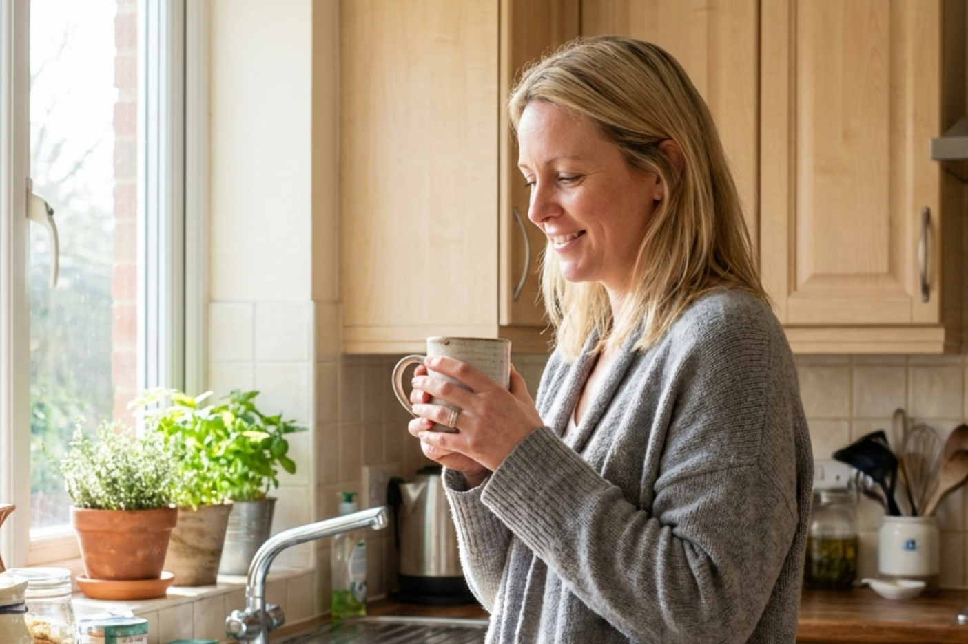 Pregnant person seated near a window, looking at a smartphone. She's wearing a cream sweater.