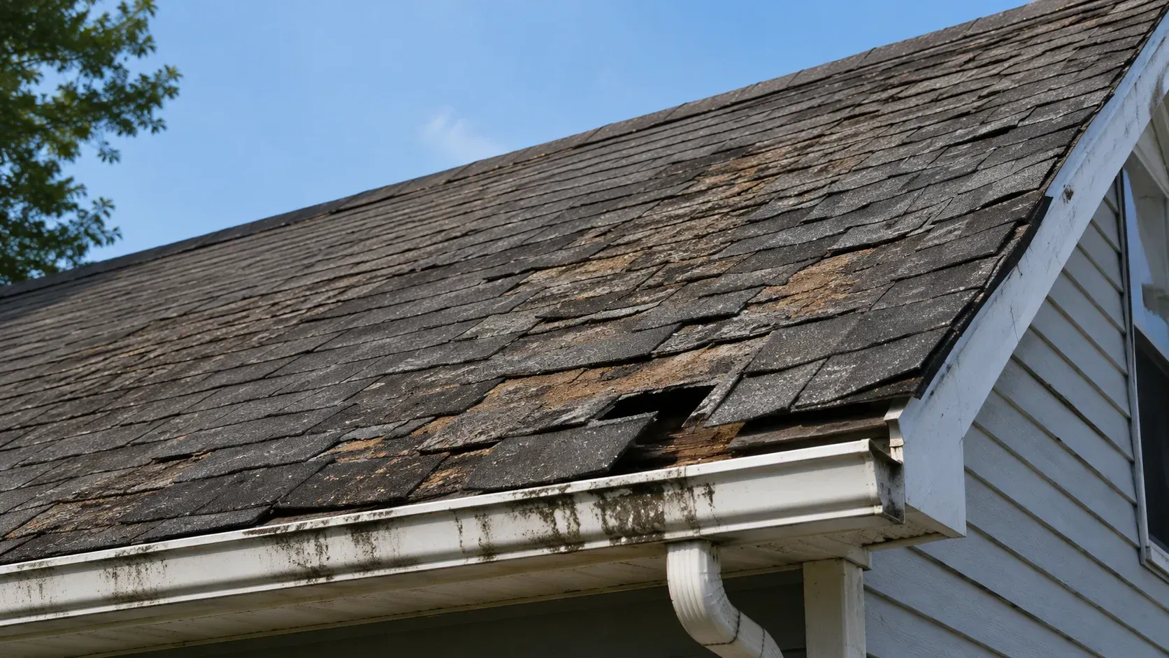 Worn and curling roof shingles with severe weather damage, illustrating when do you need a new roof.