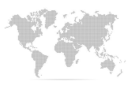 A world map composed of a black dot grid pattern on a white background.