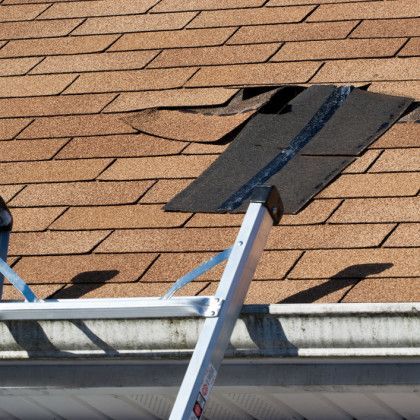 A ladder resting against a roof edge, revealing missing or damaged shingles on the brown asphalt roof surface.