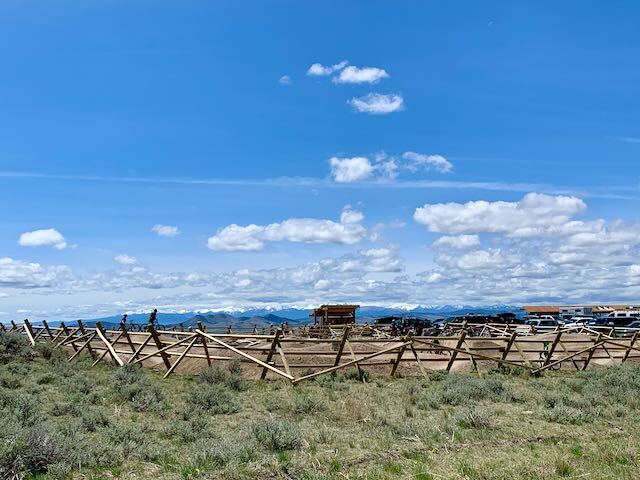 greenish brown grass with a fence in the middle of the picture and blue sky